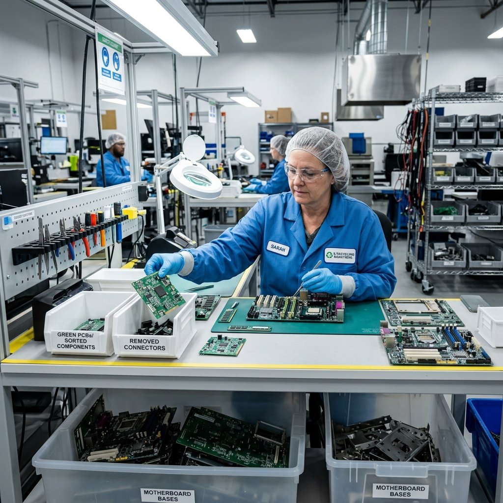 Technician carefully dismantling printed circuit boards