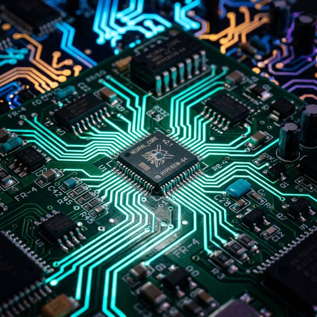 Close-up of a green printed circuit board with glowing traces